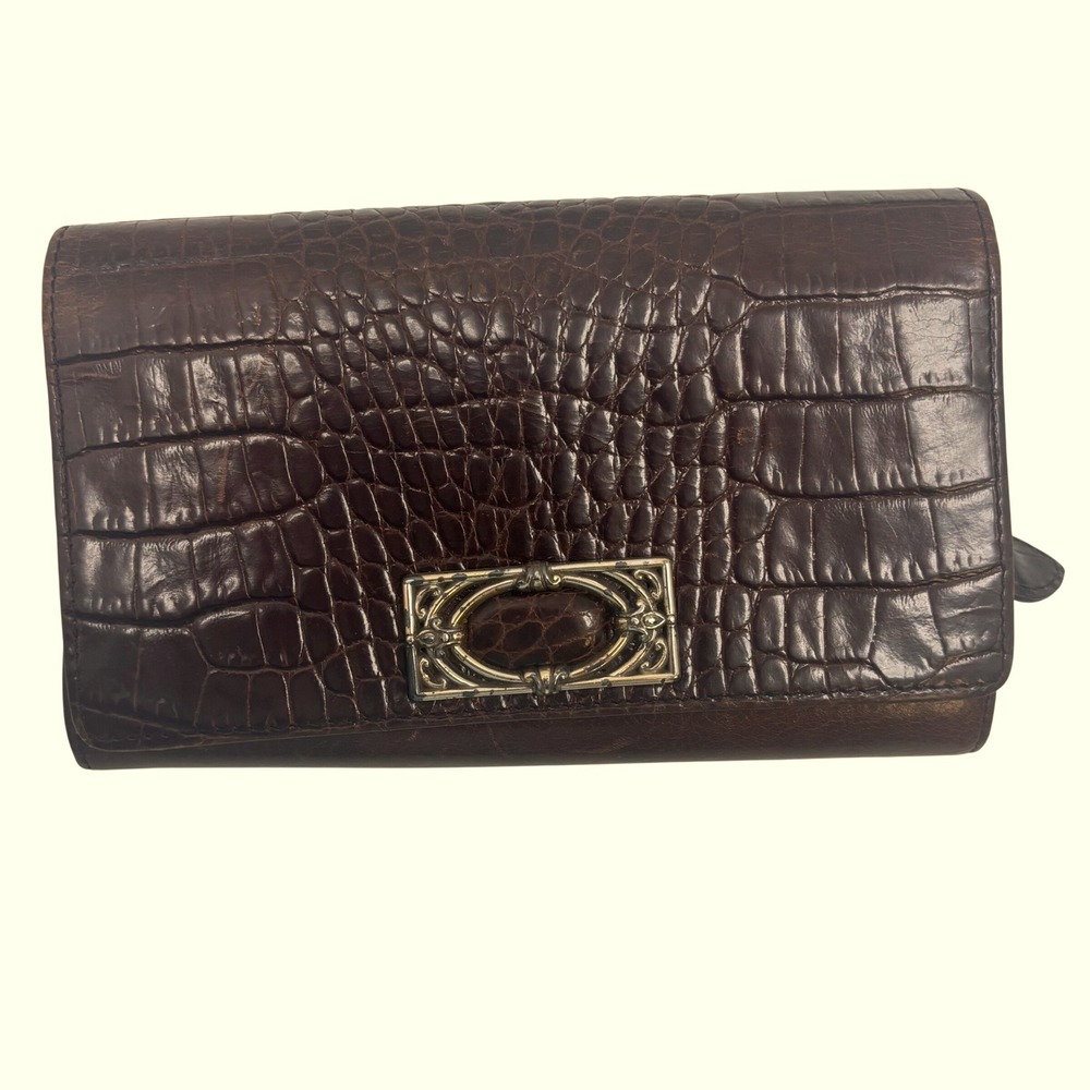 Brighton Brown Croc Embossed Leather Tri-Fold Organizer Wallet Silver Hardware